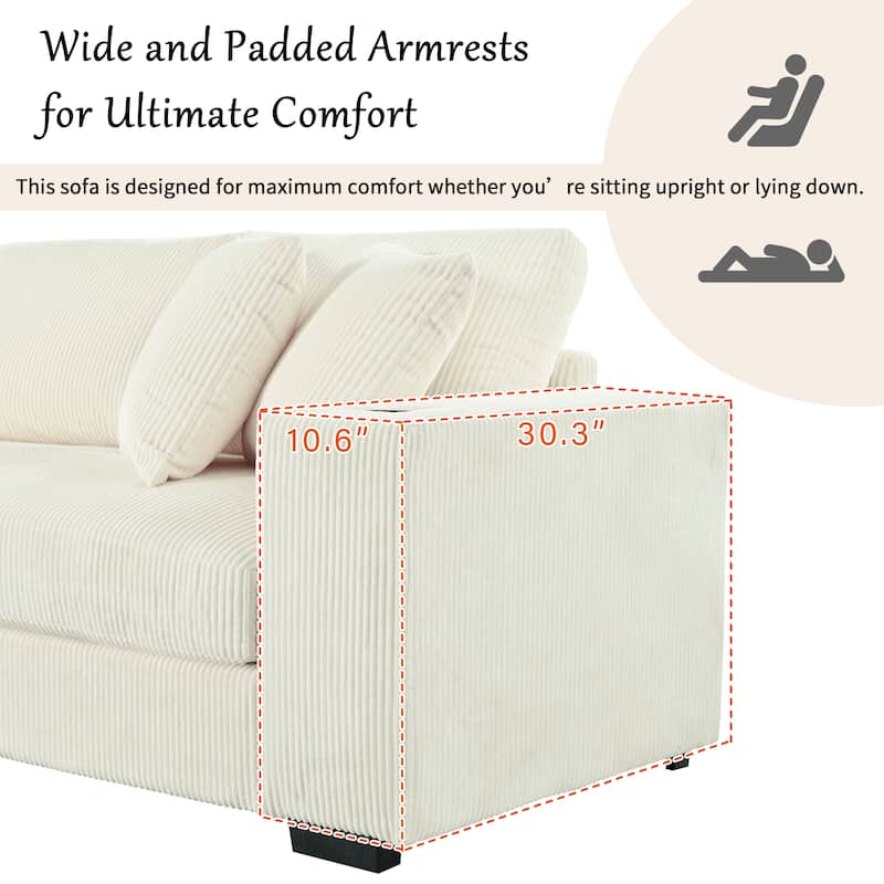 111.5" Corduroy Sectional Sofa Oversized 3 Seat L Shaped Sofa with 2 Built-in Cup Holders and Charging Ports
