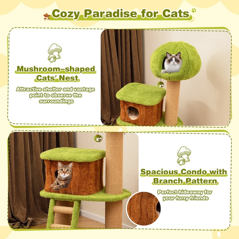 Cute Cat Tree with Mushroom-Shaped Nest Condo and Climbing Ladder for Indoor Cats - 30" x 20" x 56"