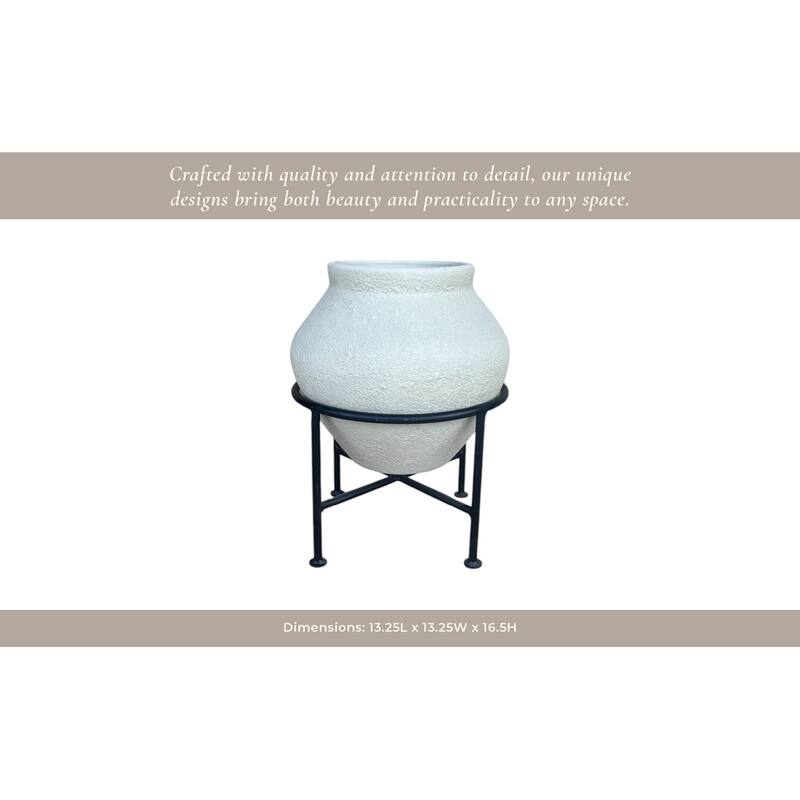 Pottery Planter Pot with Metal Stand Handcrafted Vessel Garden Decor