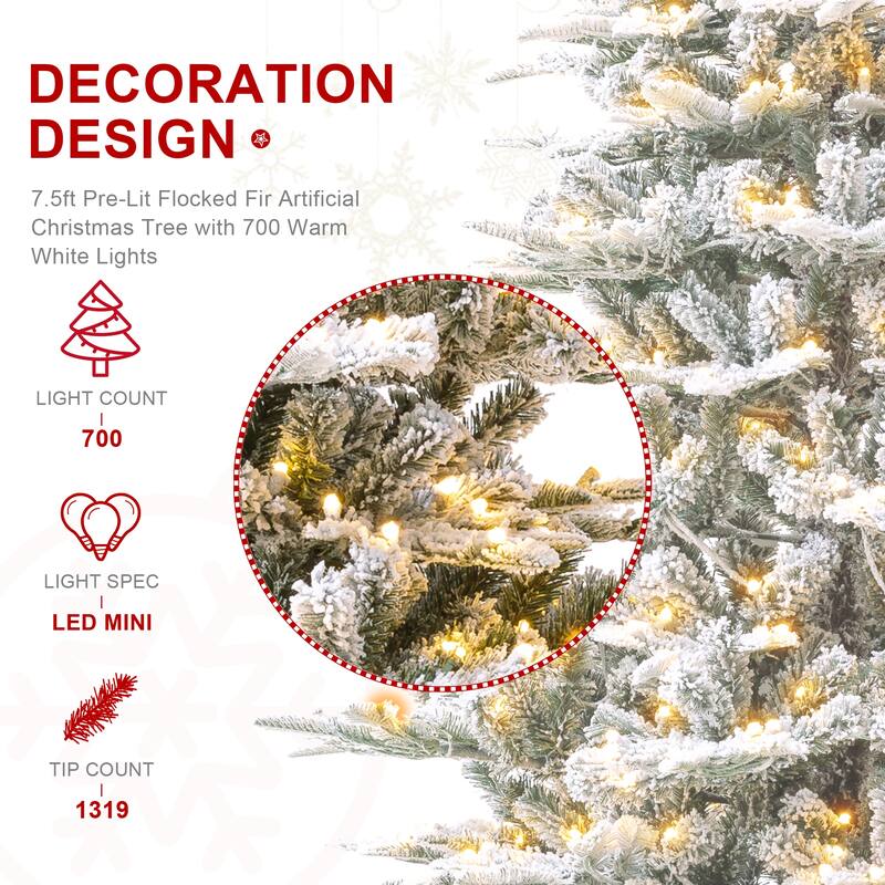 Glitzhome 8FT/10FT Pre-Lit Flocked Fir Artificial Christmas Tree with Warm White Lights
