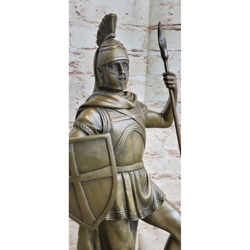 Hand Crafted Roman Warrior W/ Sword And Spear Bronze Marble Sculpture Statue
