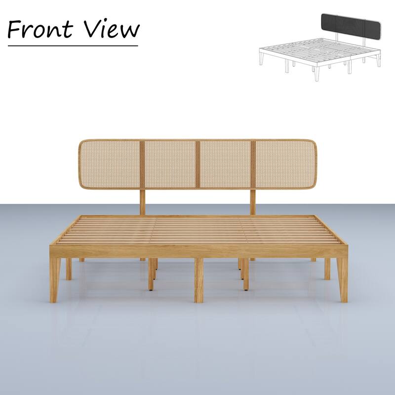 Solid Wood Platform Bed Frame with Rattan Headboard, 600 lbs Heavy Duty Support, Plywood Slats Queen / Full Size