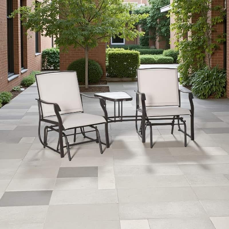 2-Person Outdoor Glider Loveseat with Built-In Table, Dual Rocking Patio Chairs with Steel Frame and Breathable Sling Fabric