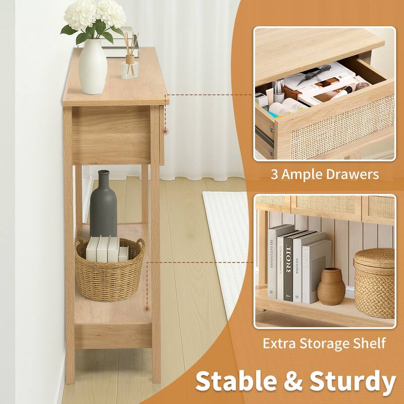 Natural Wood MDF Rattan Inspired Console Table with 3 Drawers and Shelf - 51.2 x 11.8 x 32 in