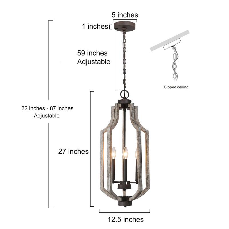 Modern Farmhouse 3-Light Wood Chandelier Lantern Island Lights for Dining Room - 12.5" W X 27" H