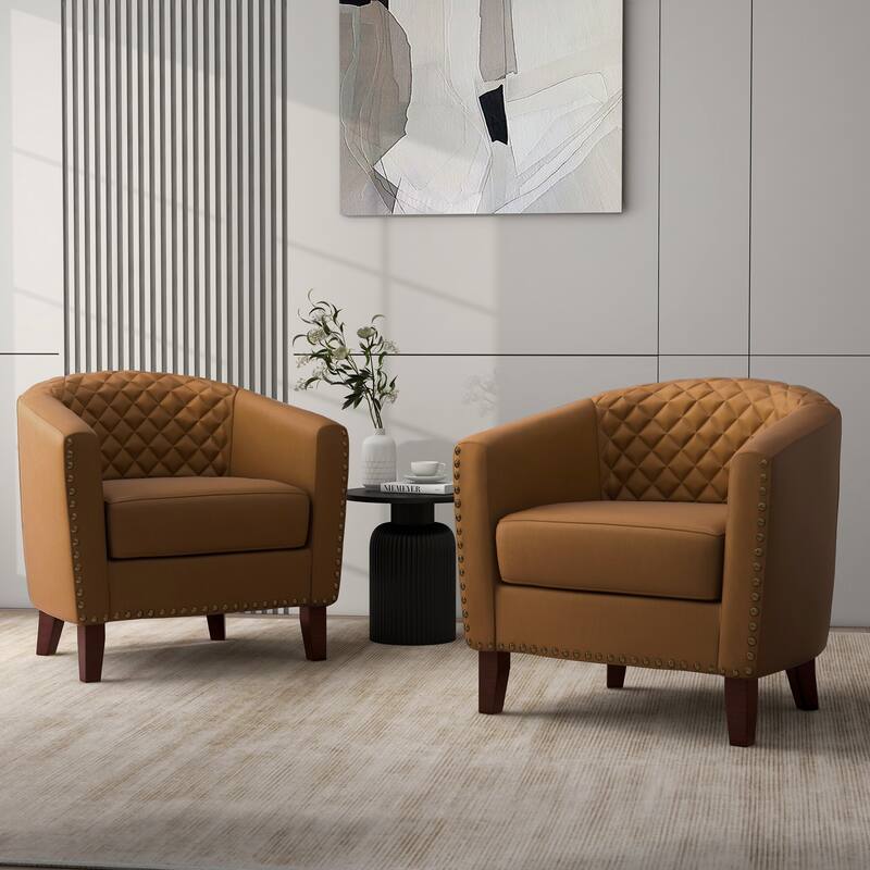 Faux Leather Tufted Nailheads Upholstered Barrel Accent Chairs - 2 Set - Coffee