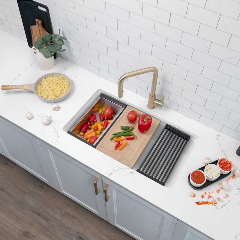 STYLISH Dual Mount 32" Single-Bowl Composite Granite Kitchen Sink - 32" x 18" x 9.5" - White