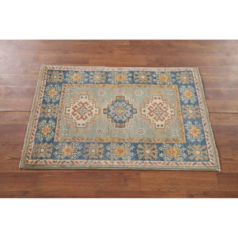 Green Kazak Foyer Rug Handmade Wool Carpet - 2'1" x 3'0"