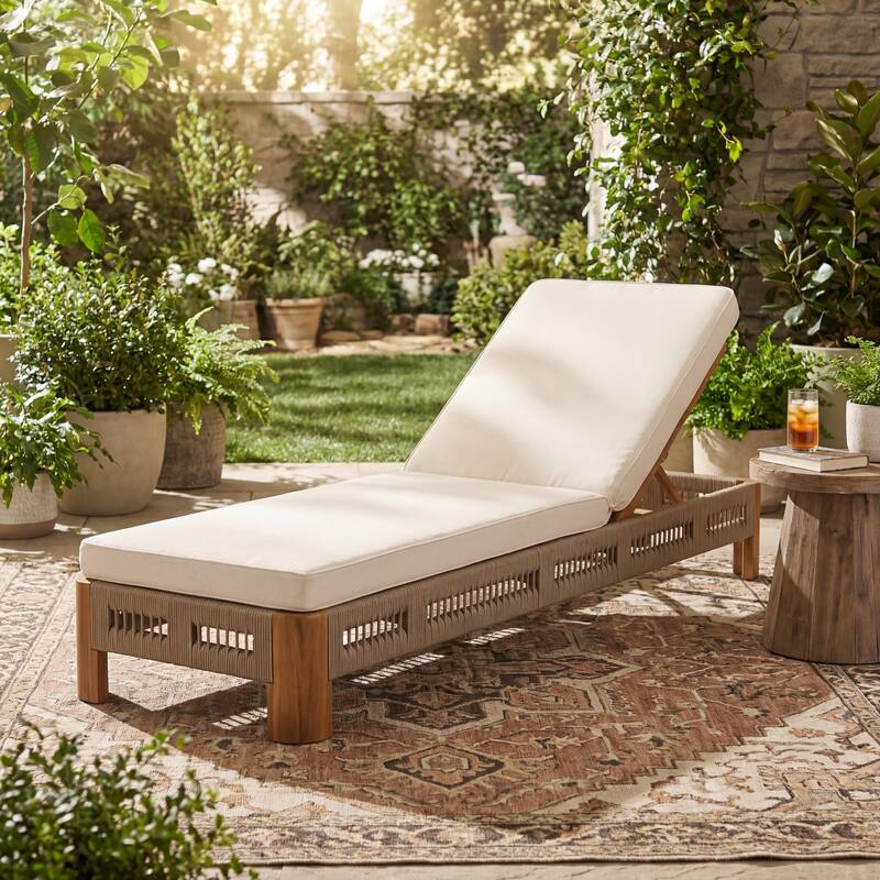Christopher Knight Home - Ellery Acacia Wood Outdoor Adjustable Chaise Lounge with Cushion & Handwoven Rope Accents