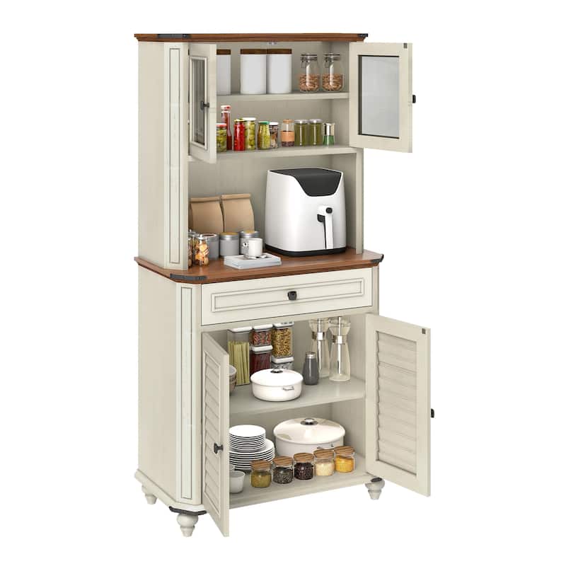 Moasis 67" Kitchen Pantry Storage Cabinet, Farmhouse Buffet Cabinet w/Microwave Stand and Charging Station