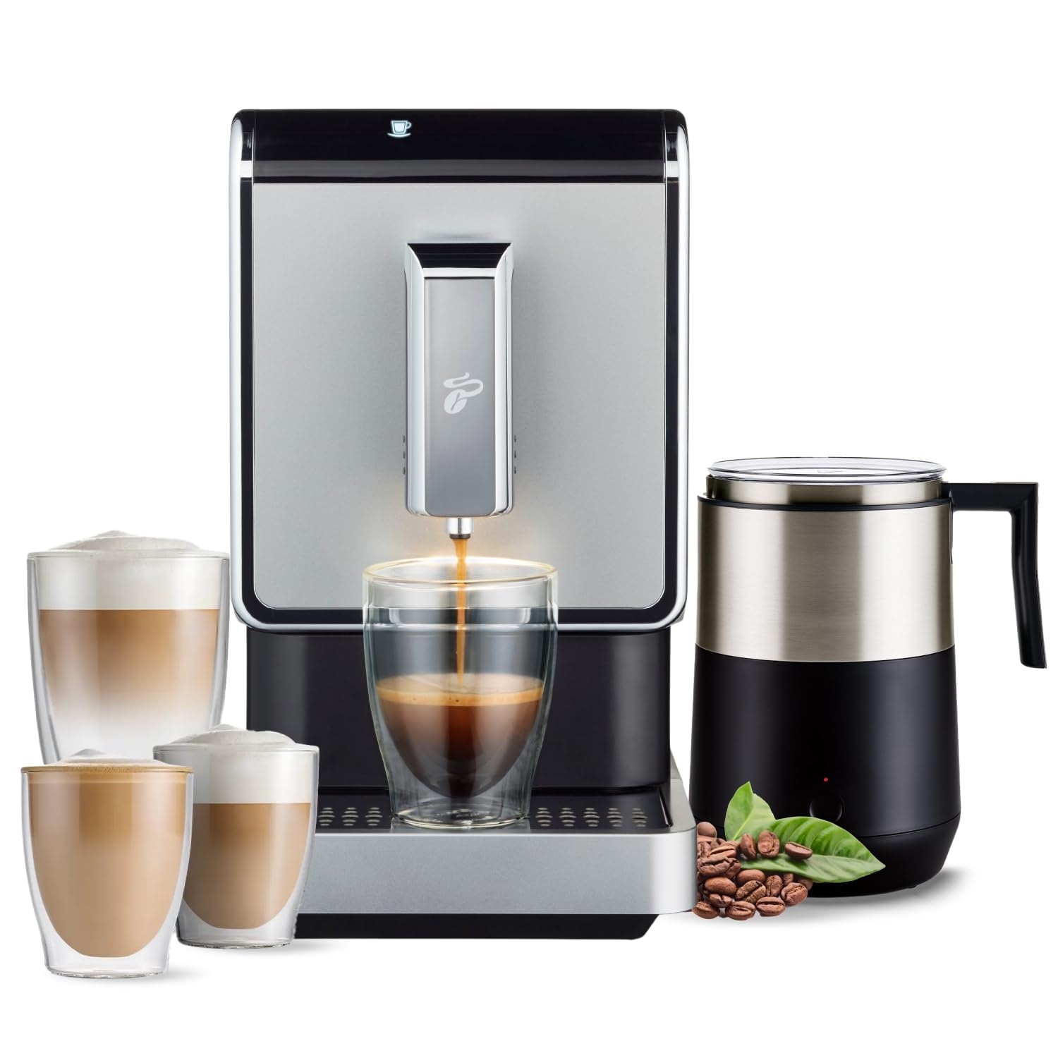Automatic Espresso & Coffee Machine with Induction Milk Frother, Creamy Froth, Built-in Grinder, No Coffee Pods Needed, Silver