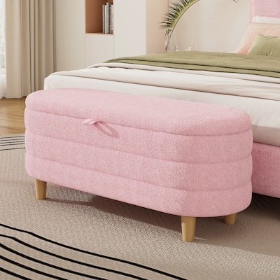 Pink Sherpa Storage Ottoman Bench with Wood Legs for Bedroom Living Room Elegant Design