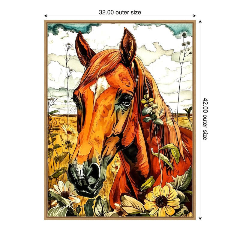 Horse and Daisies by Justyna Jaszke Framed Canvas Wall Art - 32 x 42 in