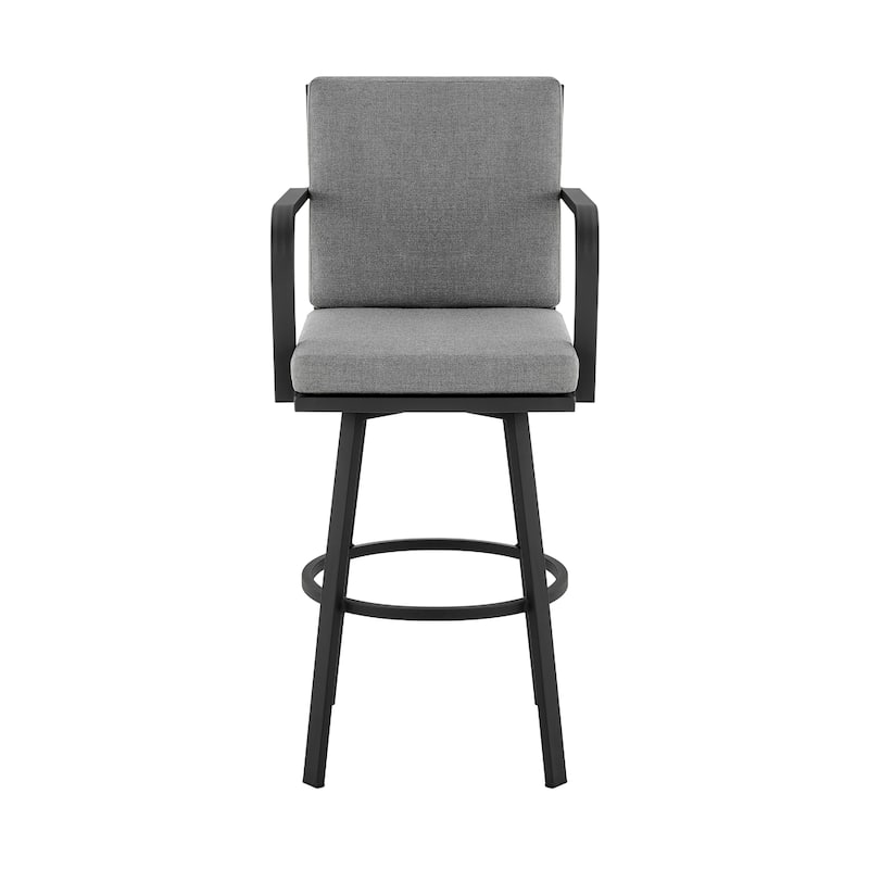 Fely Outdoor Swivel Barstool Chair, Black Aluminum and Gray Cushions