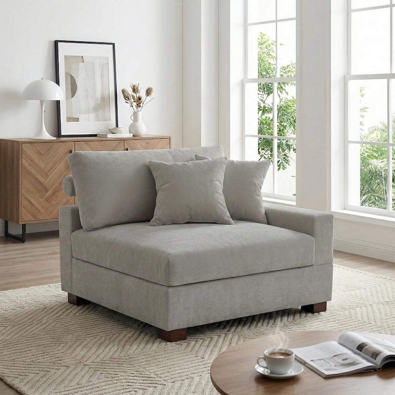 41" W Modern Chenille Corner Arm Accent Chair Sectional Module with Pillows - Right Facing - Grey