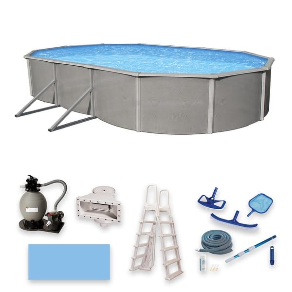 slide 2 of 10, Belize Oval 52-inch Deep, 6-inch Top Rail Metal Wall Swimming Pool Package 18-ft x 33-ft Oval / 52-in Deep