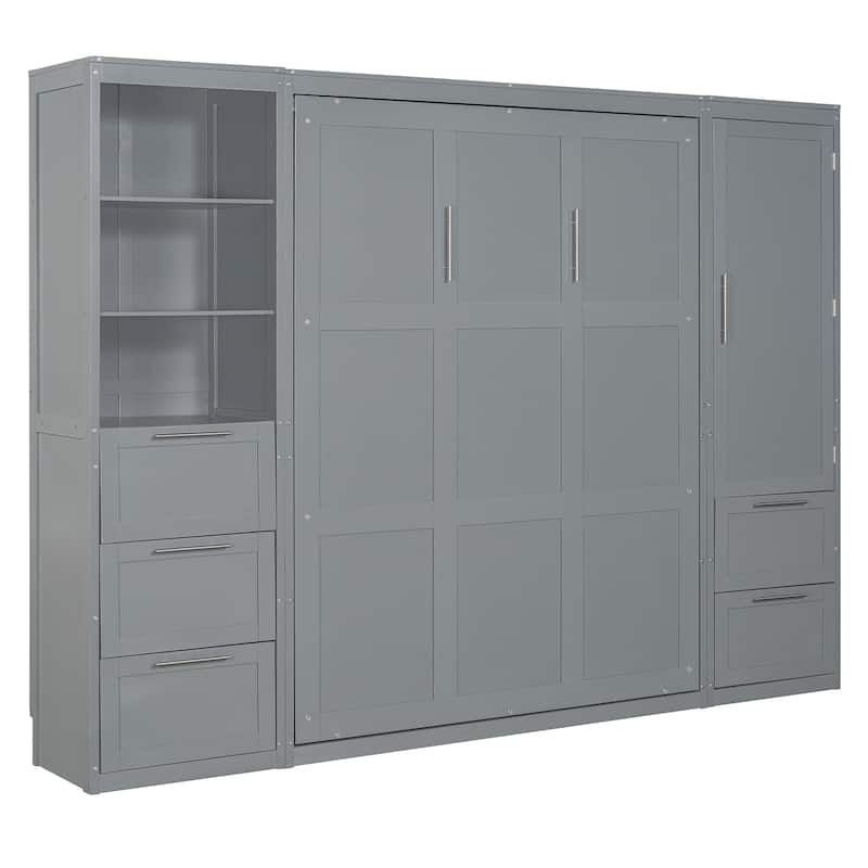 Queen Size Murphy Wall Bed with Built-In Closet, Drawers, and Shelves, Space-Saving Design