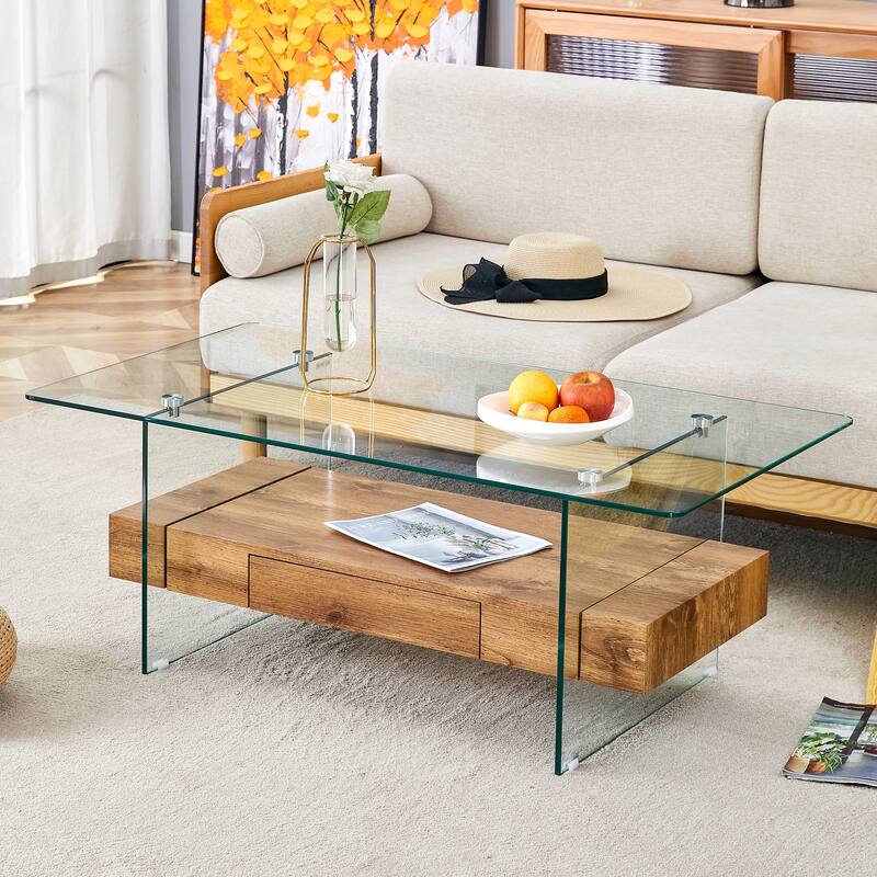 43.3 Inch Double Layer Coffee Table Storage Side Table with Open Storage Shelves, Drawers Glass Center Table End Table