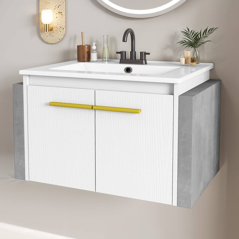 Moasis 26.5 Inch Floating Bathroom Vanity with Sink and Soft Close Double Doors - White&Grey