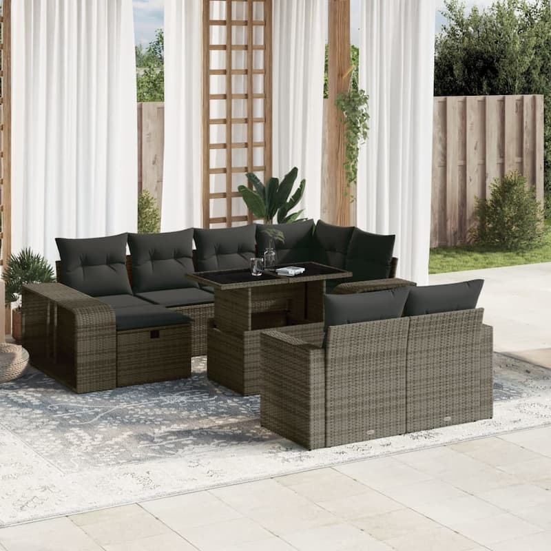 vidaXL Patio Sofa Set with Cushions Outdoor Furniture 11 Piece Poly Rattan - 24.4 x 24.4 x 27.2 - Grey-Glass