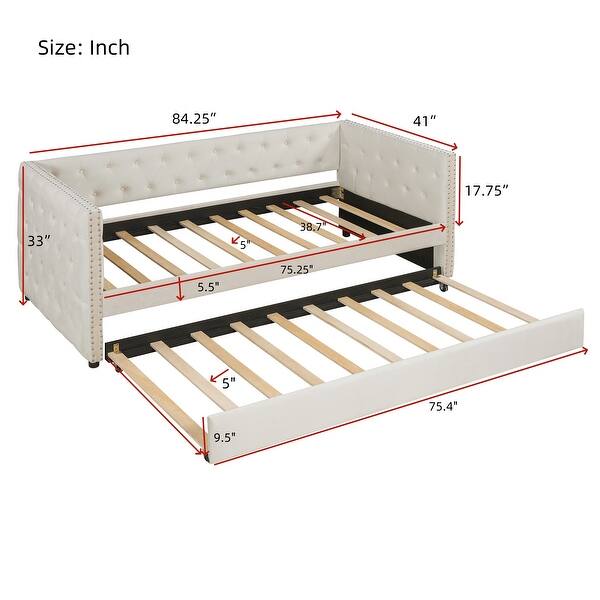 dimension image slide 2 of 3, Velvet Tufted Daybed with Trundle, Rivet Design, Twin Size