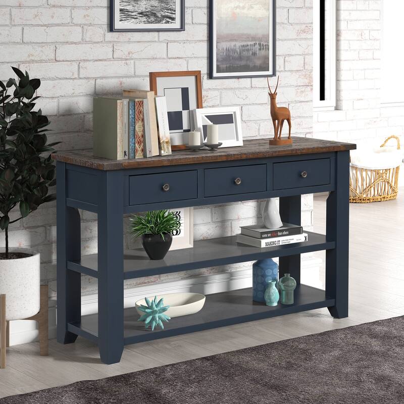 48" Solid Pine Wood Top Console Table, Modern Entryway Sofa Side Table with 3 Storage Drawers and 2 Shelves