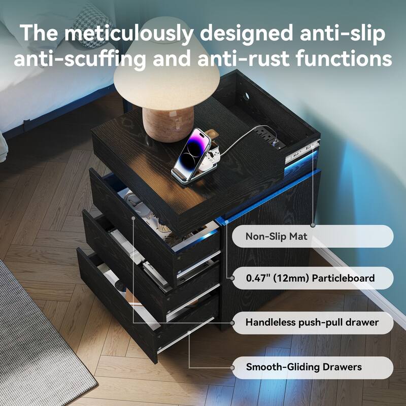 Nightstand with Built-In Charging Station and LED Lighting, 3-Drawer Sliding-Top Modern Bedside Table