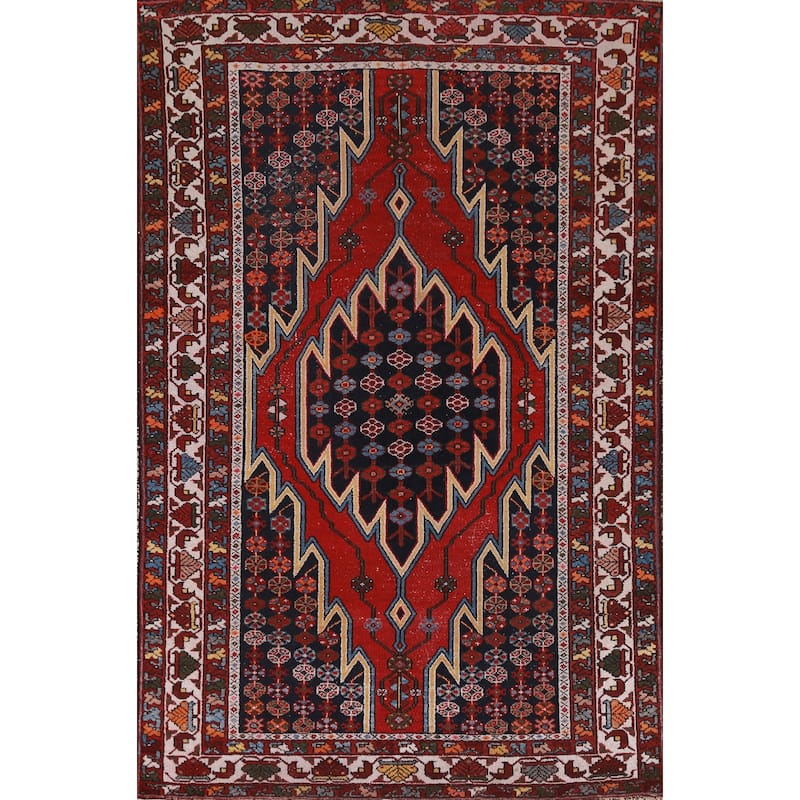 Hand Knotted Oriental 100% Wool Carpet Traditional Medallion Navy Blue & Blues Hamedan Area Rug - 6' 7'' X 4' 2''