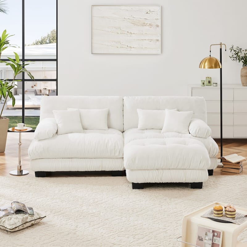 Chenille Cloud Couch Sectional Sofa with 2 Lumbar Pillows and 2 Throw Pillows and 1 Ottoman