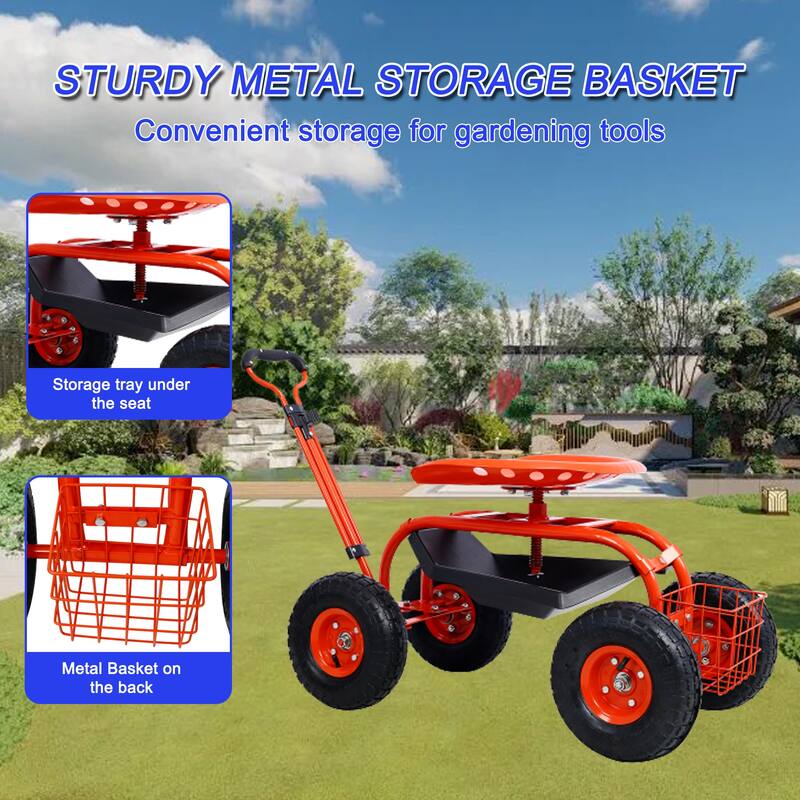 Adjustable Garden Cart with Swivel Seat, Large 10-Inch Wheels, Storage Tray and Basket, Easy Maneuvering - Iron