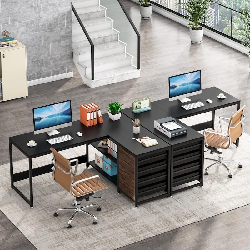 59"L-Shaped Computer Desk with Drawers and Shelves, Reversible Corner Office Desk Workstation, Writing Table with File Cabinets
