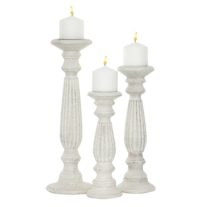 Traditional Mango Distressed Turned Pillar Wood Candle Holder (Set of 3) - Dark Brown, Beige, White