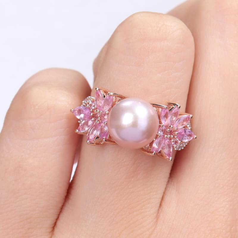 Miadora 9-9.5mm Cultured Freshwater Pink Pearl 1 7/8ct TGW Pink Sapphire and 1/8ct TDW Diamond Flower Ring in 14k Rose Gold
