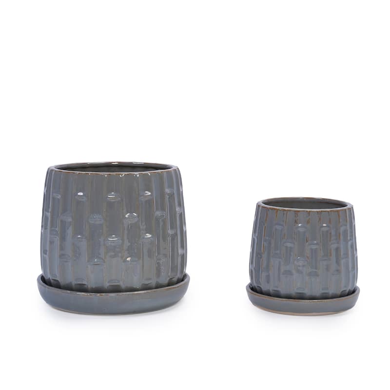 Set of 2 Handmade Ceramic Planters, Includes Saucers, Vertical Ribbed