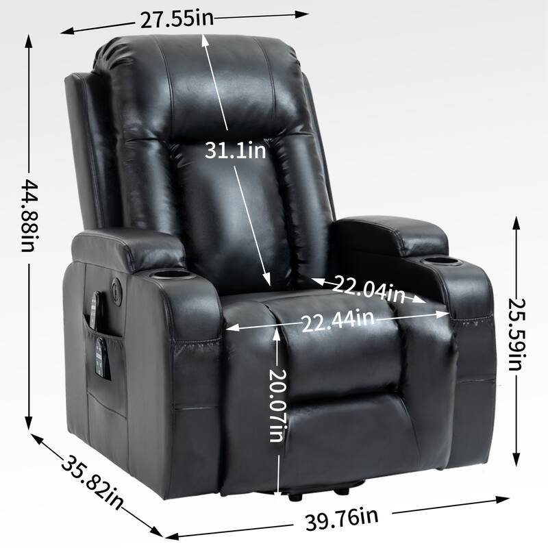 Black Power Lift Recliner with Massage, Lumbar Heat, USB, and Cup Holders