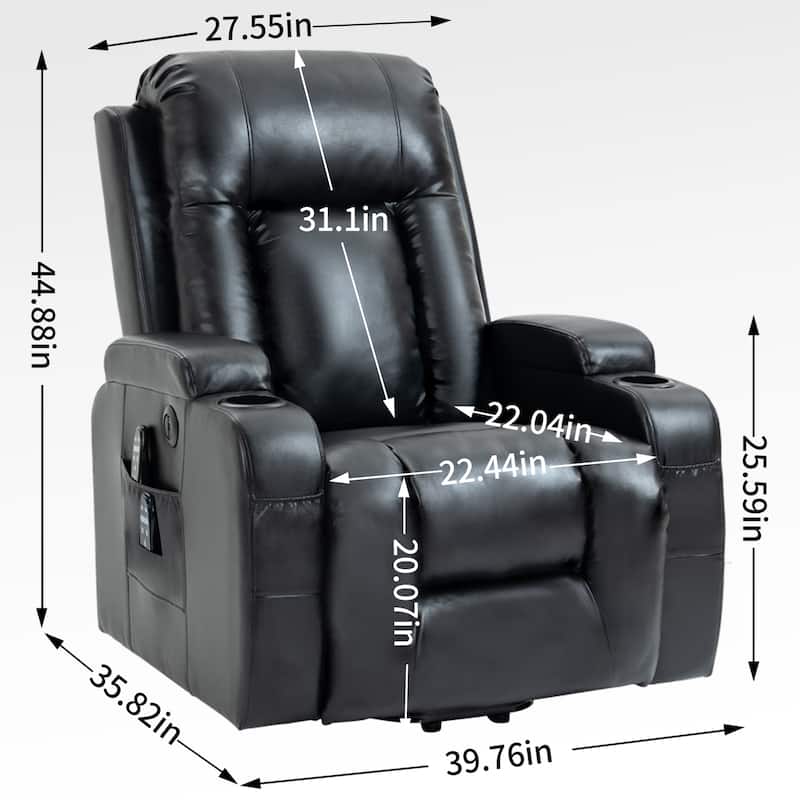 Black Power Lift Recliner with Vibration Massage, Lumbar Heat, USB Port, and Cup Holders for Senior Comfort