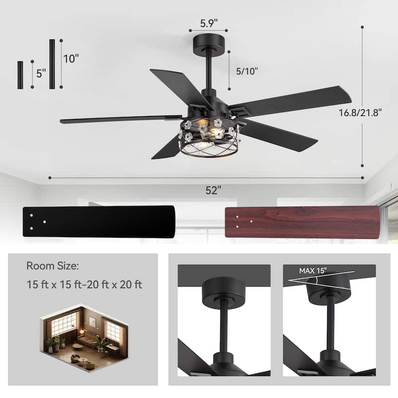 52" Black Wood Modern Floral Indoor Ceiling Fan Chandelier with Remote