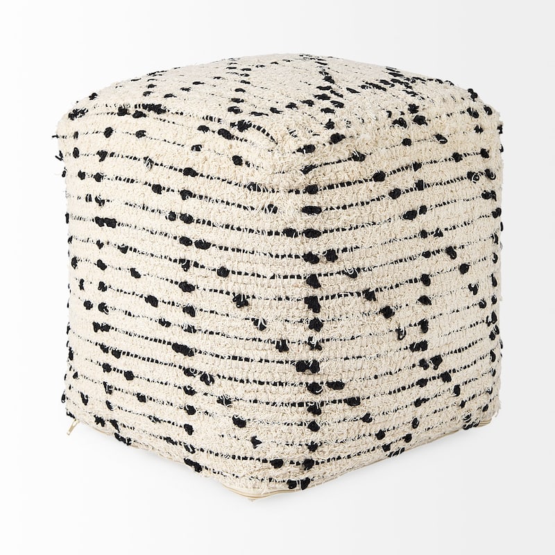 Mercana "Aarohi" Cream & Black Patterned Cotton Square Pouf