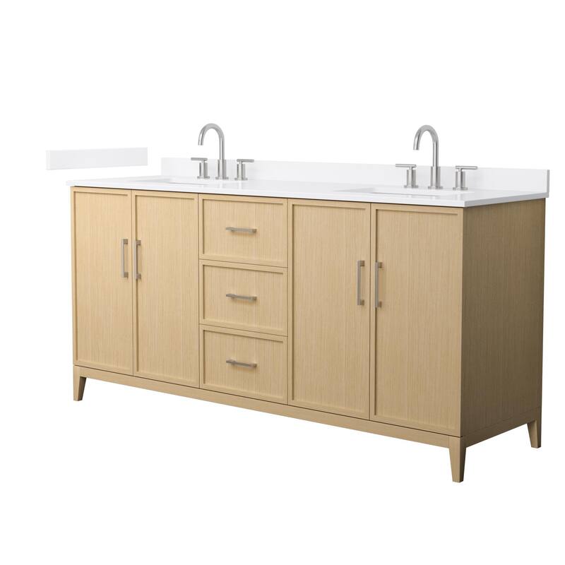 Elan 72-inch Double Vanity, 3 Hole Quartz Top - White Oak, Nickel Trim, White Quartz Top