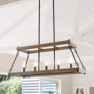 Modern Farmhouse 5-Light Metal Chandelier Rustic Wood Island Lights - 30" L x 12" W x 12.5" H