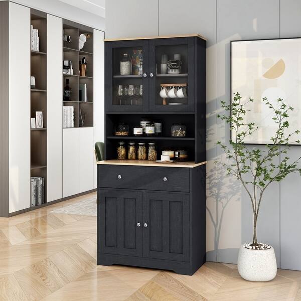 Black Storage with Glass Doors and Drawer and Adjustable Shelf