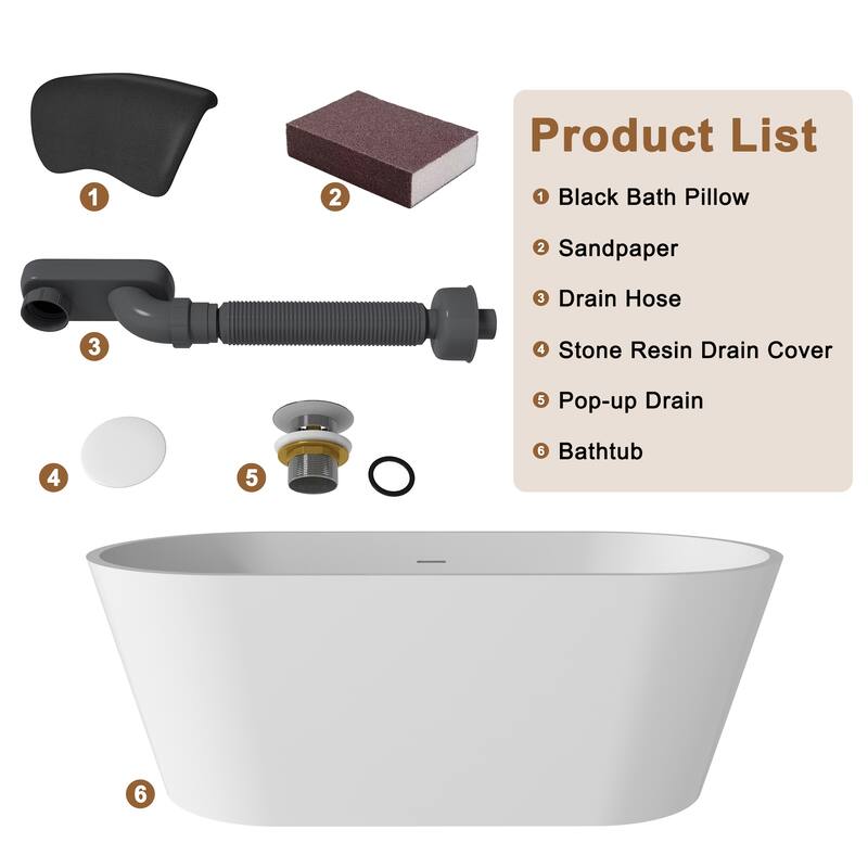 CASAINC Resin Stone Solid Surface Soaking Stand Alone Bathtub Freestanding Bathtub in Matte White
