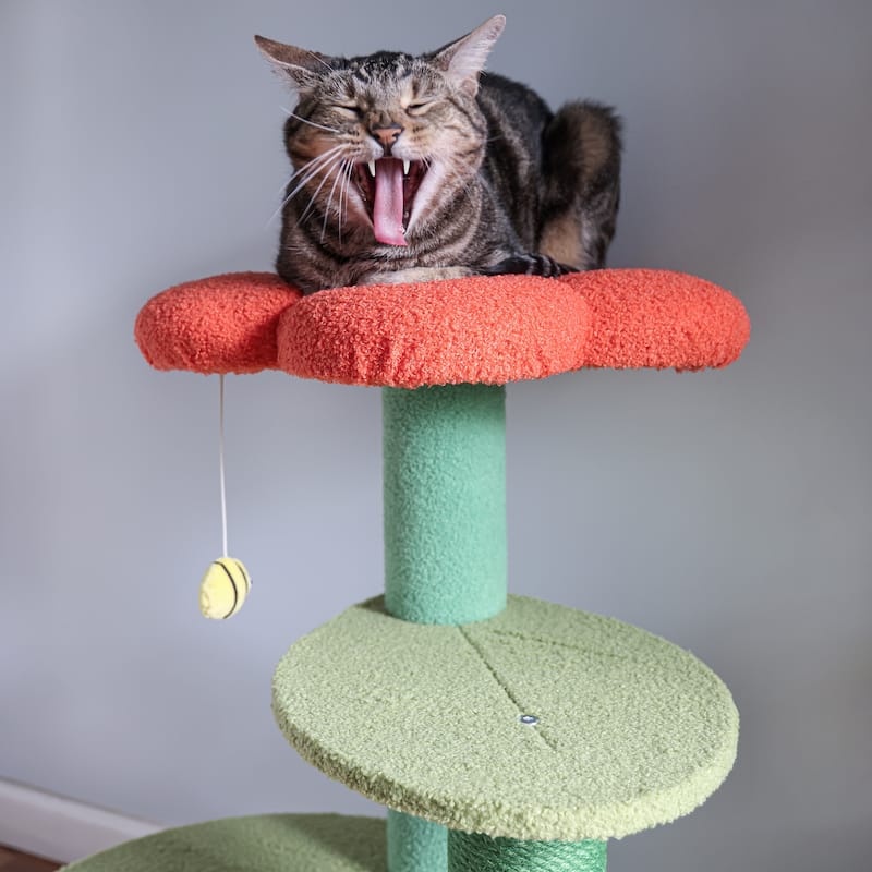 Poppy 29" 3-Tier Modern Jute Flower Cat Tree with Dangling Toy, Orange/Green