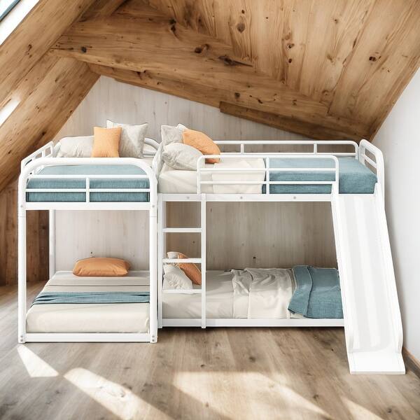 slide 2 of 13, Modern Full And Twin Size Functional L-Shaped Bunk Bed 4 Beds In 1 With Slide And Short Ladder White