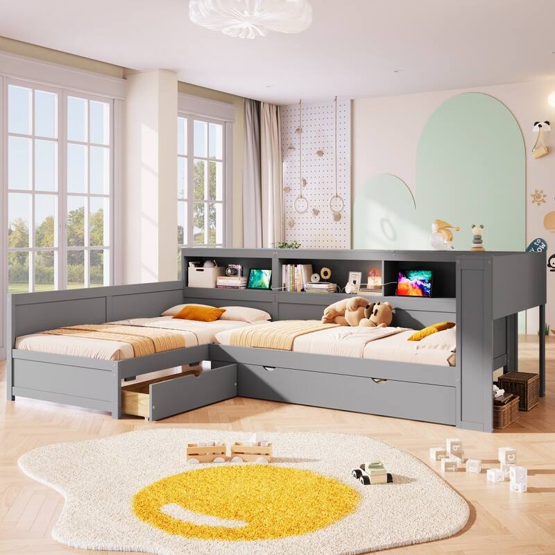 126.80" L-shaped Wood Twin Size Platform Bed with Trundle and Storage Space, Charging Station