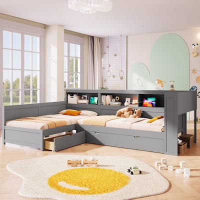 126.80" L-shaped Wood Twin Size Platform Bed with Trundle and Storage Space, Charging Station