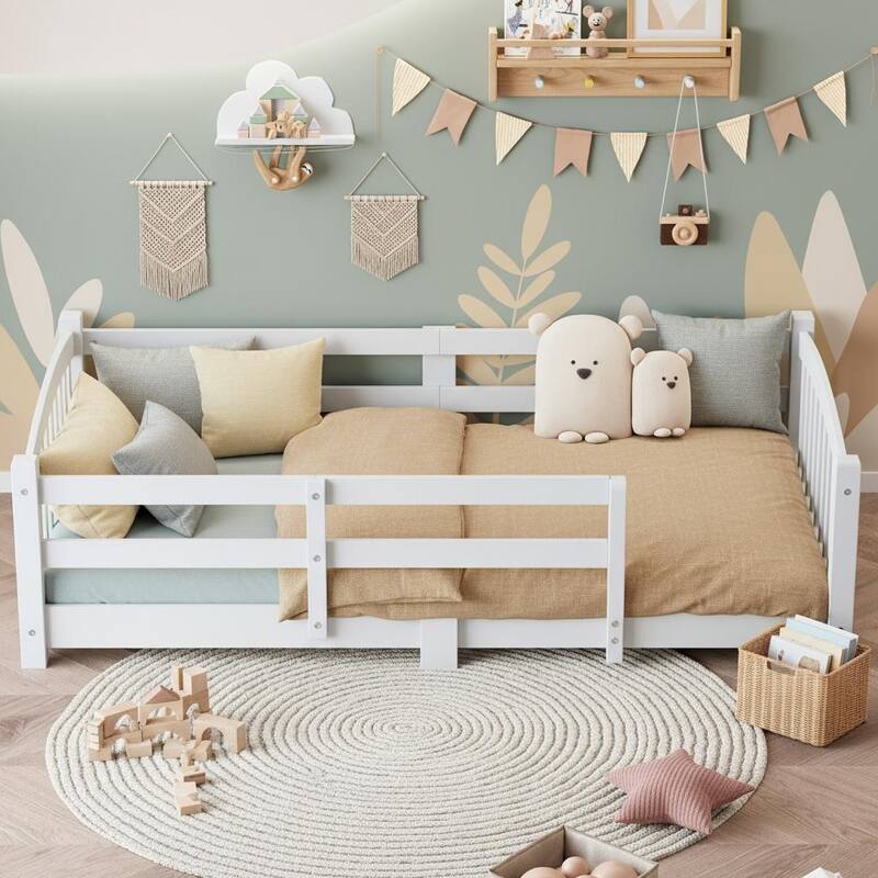 Montessori Solid Pine Floor Bed with Full-Length Safety Fence & Slatted Base by Harper&Bright Designs