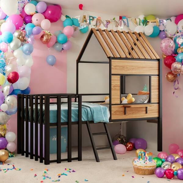 slide 2 of 39, Twin Size Loft Bed With Roof and Window,Guardrail and Ladder for Home