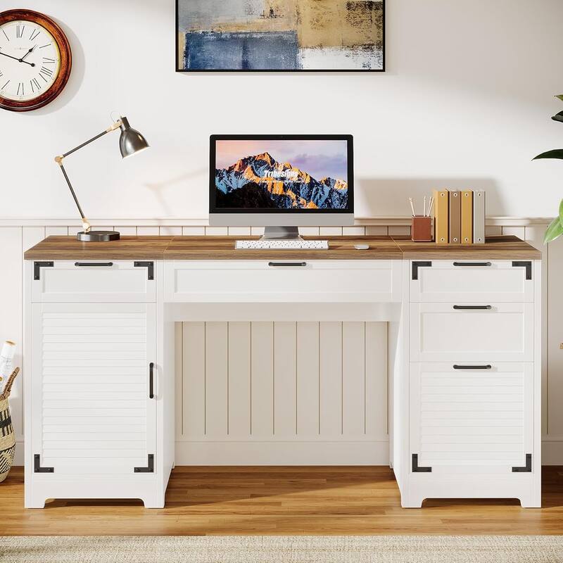 59-Inch Farmhouse Computer Office Desk with Drawer Cabinet and Charging Station