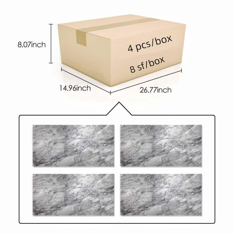Roomfitters Carrara Marble Tile, Polished Natural Stone for Wall and Floor, Genuine Marble, 4-Piece Box, Gray